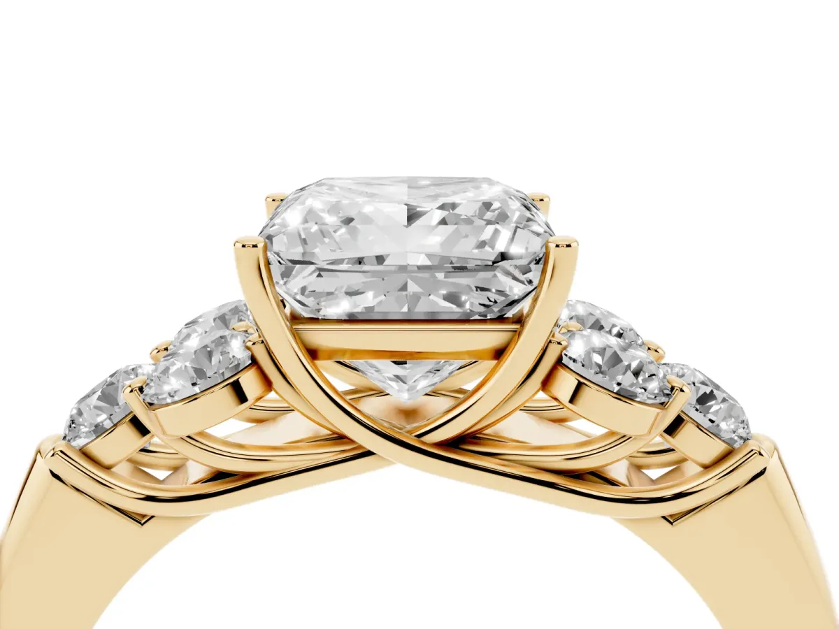 Princess Cut Cut Diamond Cluster Ring with Round Accent Stones and Prong Setting on a Classic Band Yellow gold
