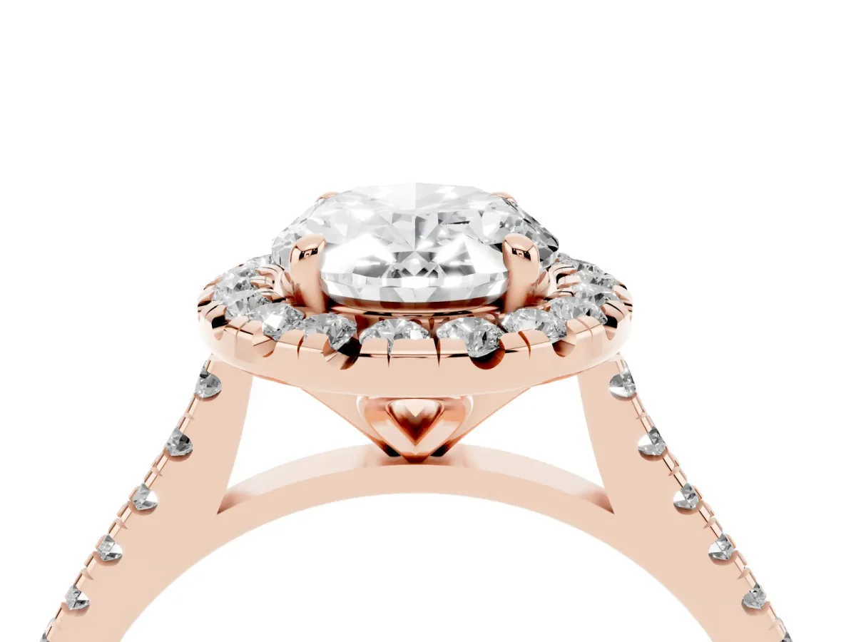 Oval Cut Diamond Cushion Halo Ring with Pavé Band Rose gold