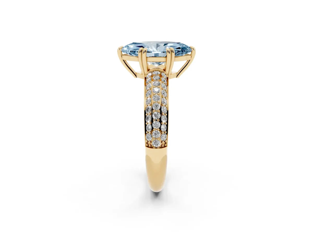 Fancy Blue Marquise Cut Diamond Solitaire Ring with Multi-Row Round Pavé Band and Prong Setting Yellow gold