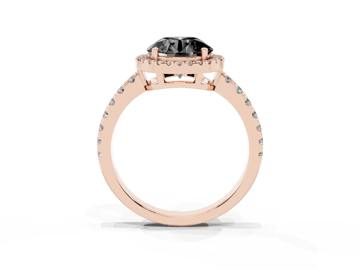 Fancy Black Round Cut Diamond Halo Ring with Pavé Band and Four-Prong Setting Rose gold