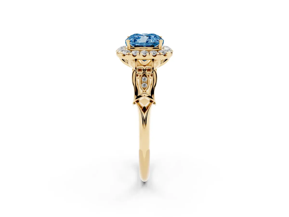 Fancy Blue Cushion Cut Halo Diamond Engagement Ring with Filigree Band and Four-Prong Setting Yellow gold