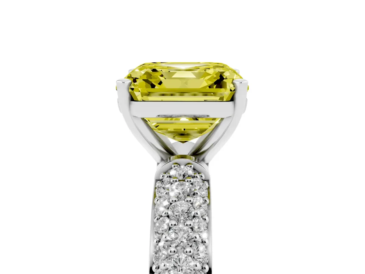 Fancy Yellow Asscher Cut Diamond Solitaire Ring with Prong Setting and Pavé Band Silver