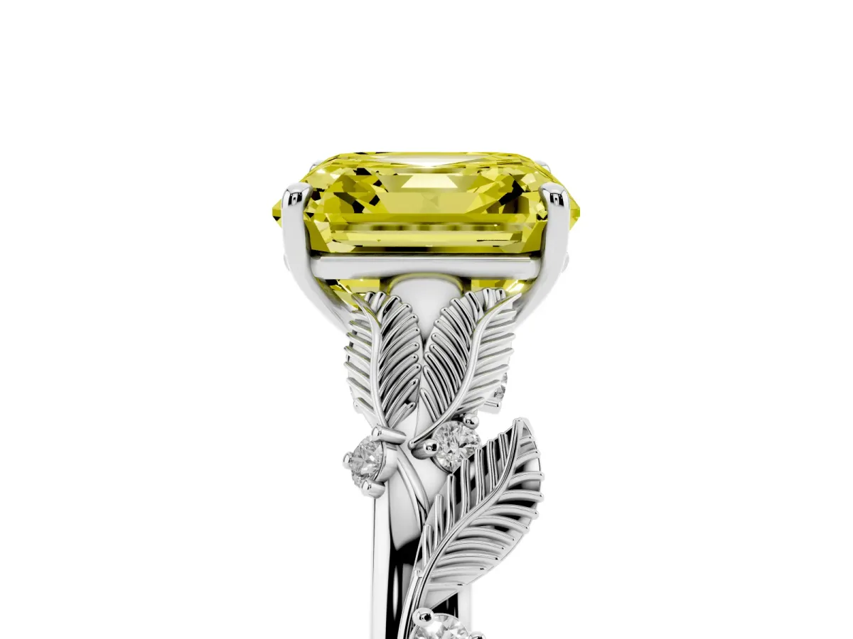 Fancy Yellow Asscher Cut Diamond Solitaire Ring with Leaf Motif Band and Four-Prong Setting Silver