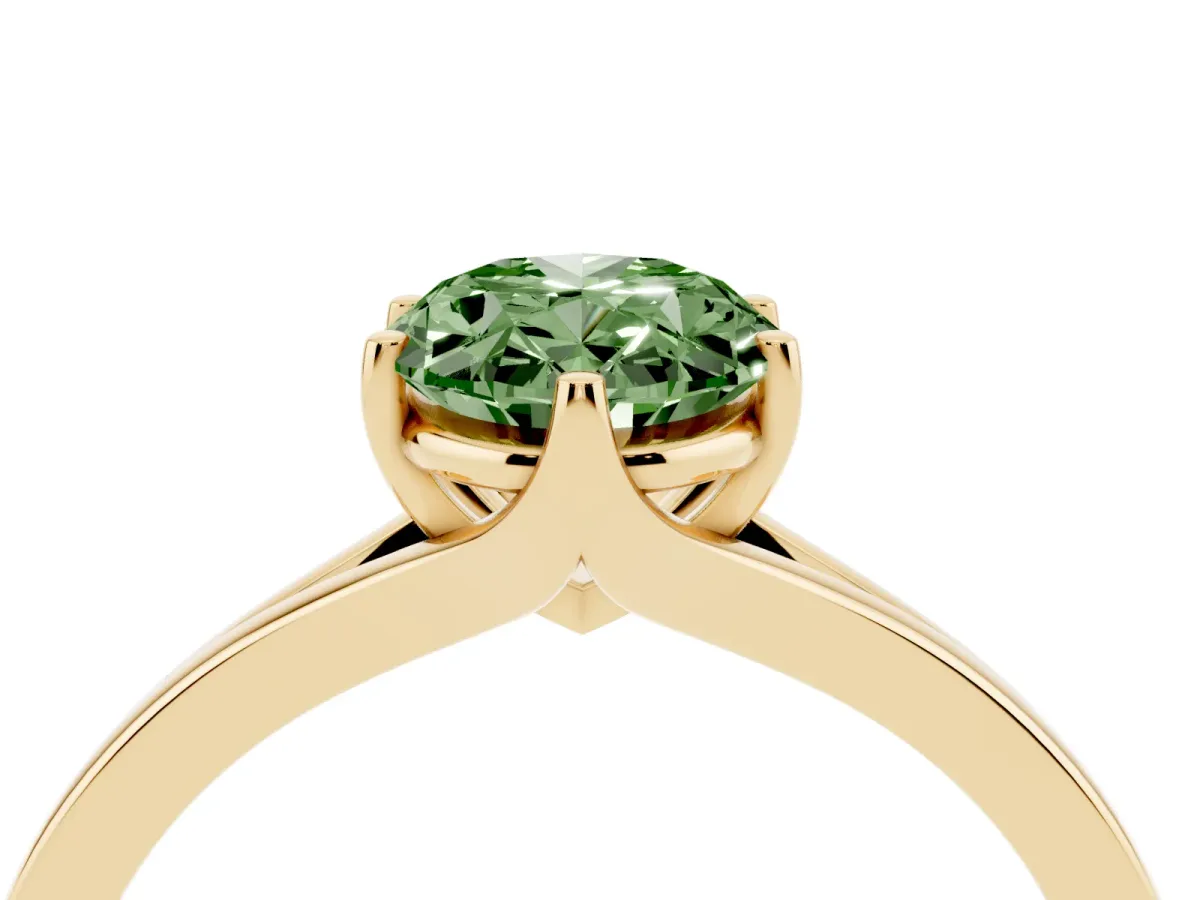 Fancy Green Oval Cut Solitaire Diamond Ring with Six-Prong Setting and Tapered Band Yellow gold