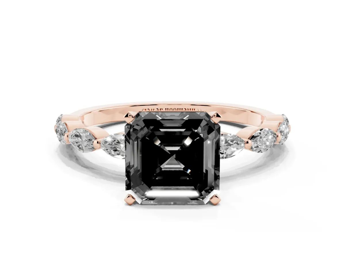 Fancy Black Asscher Cut Diamond Ring with Marquise Side Stones and Prong Setting Rose gold