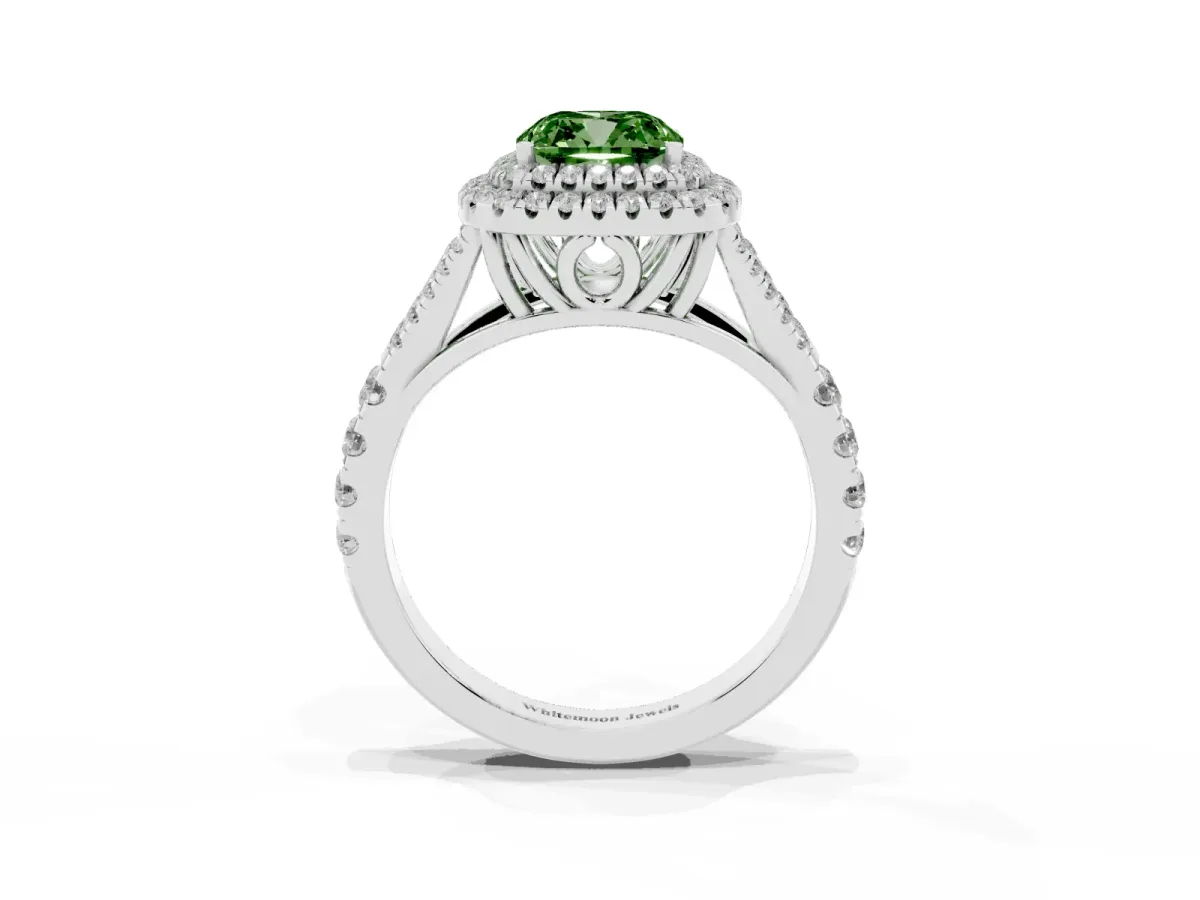 Fancy Green Cushion Cut Diamond Pavé Split Shank Double Halo Engagement Ring Silver