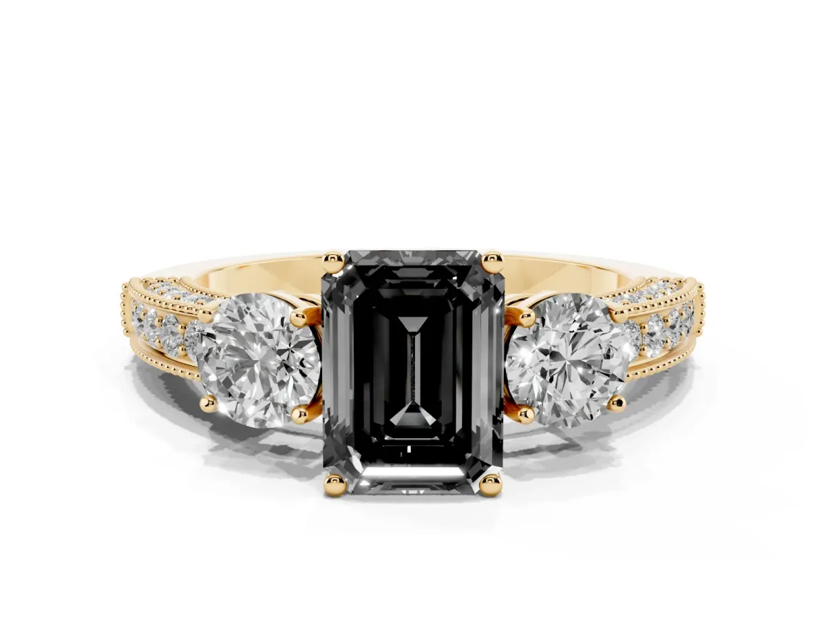 Fancy Black Emerald Cut Three-Stone Diamond Ring with Pavé Band and Four-Prong Setting Yellow gold
