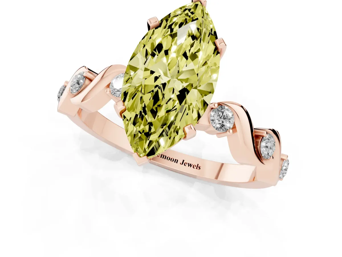 Fancy Yellow Marquise Cut Diamond Solitaire Twisted Band with Round Accents and Prong Setting Rose gold