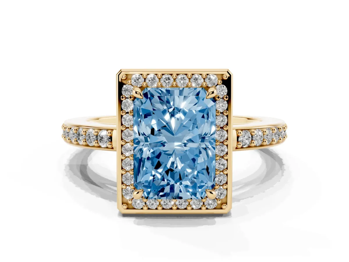 Fancy Blue Radiant Cut Halo Pave Band Solitaire Ring with Prong Setting Yellow gold