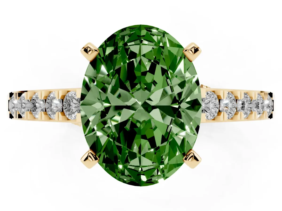 Fancy Green Oval Cut Diamond Solitaire Ring with Crossover Gallery and Round Pavé Band Yellow gold