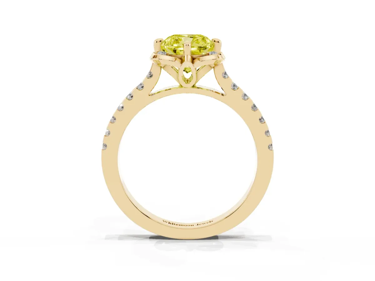 Fancy Yellow Cushion Cut Diamond Ring with Pavé Band and Floral Prong Setting Yellow gold
