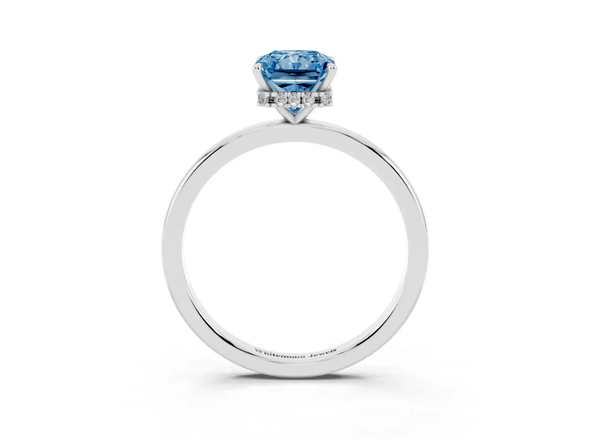 Fancy Blue Radiant Cut Solitaire Engagement Ring with Cathedral Band and Four-Prong Setting Silver