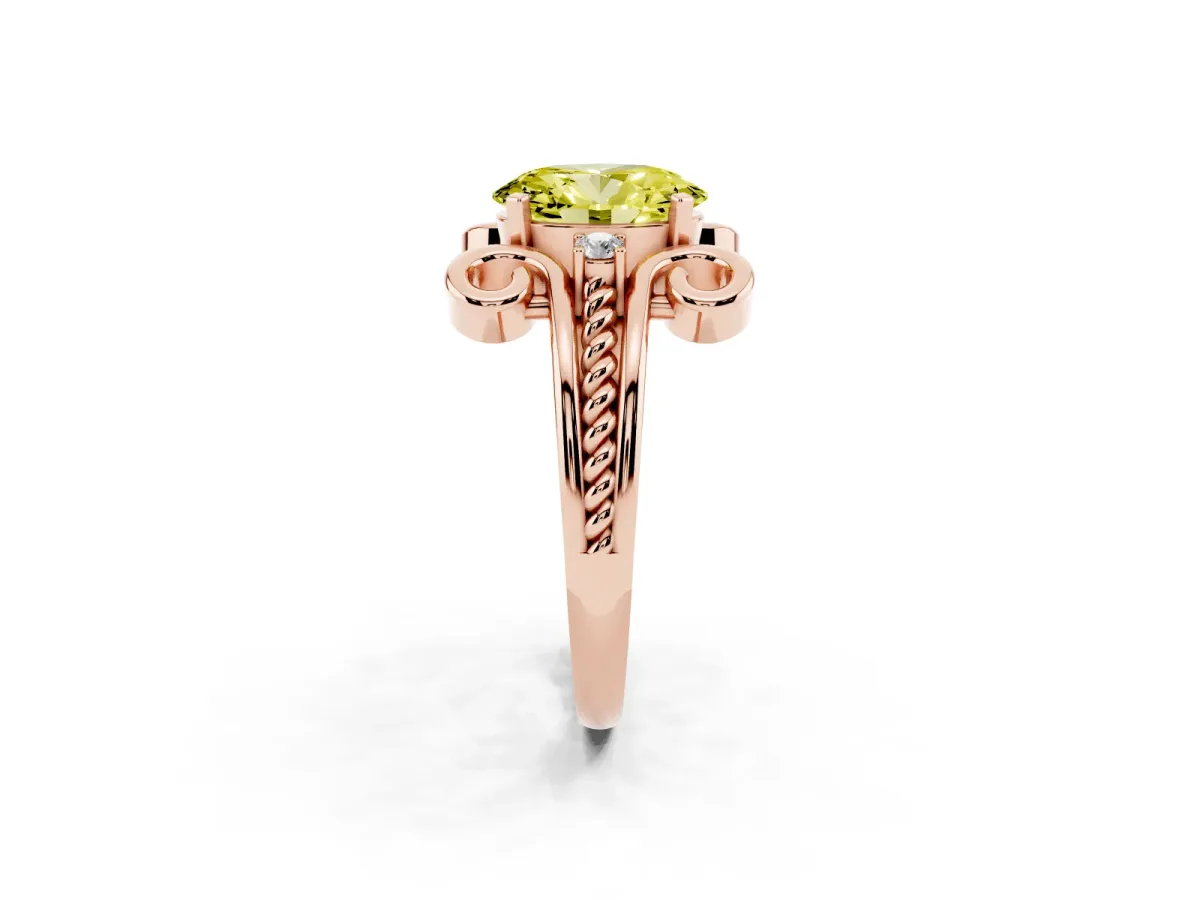 Fancy Yellow Oval Cut Solitaire Twisted Band Scroll Prong Ring Rose gold