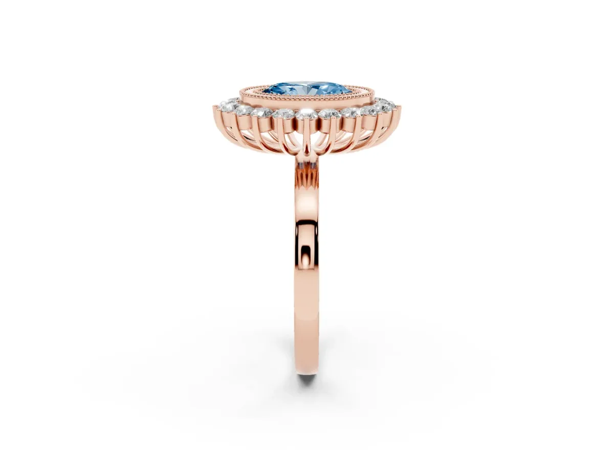 Fancy Blue Oval Cut Halo Diamond Ring with Milgrain Edge and Round Prong Setting Rose gold