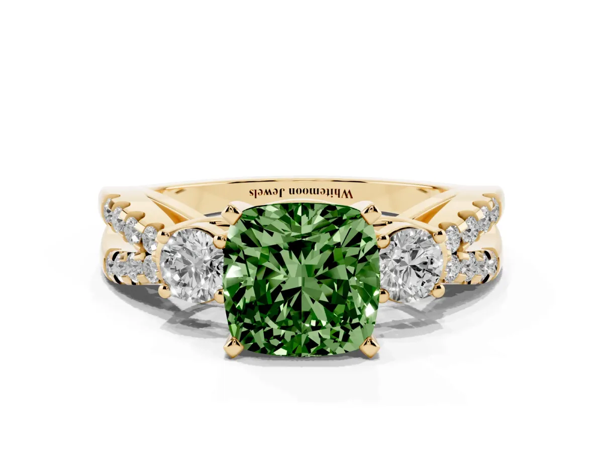 Fancy Green Cushion Cut Diamond Three-Stone Ring with Pavé Split Shank and Four-Prong Setting Yellow gold