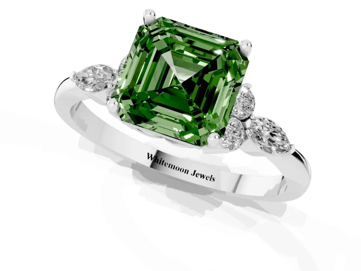 Fancy Green Asscher Cut Brilliant Diamond Solitaire Ring with Pear Side Stones and Four-Prong Setting Platinum