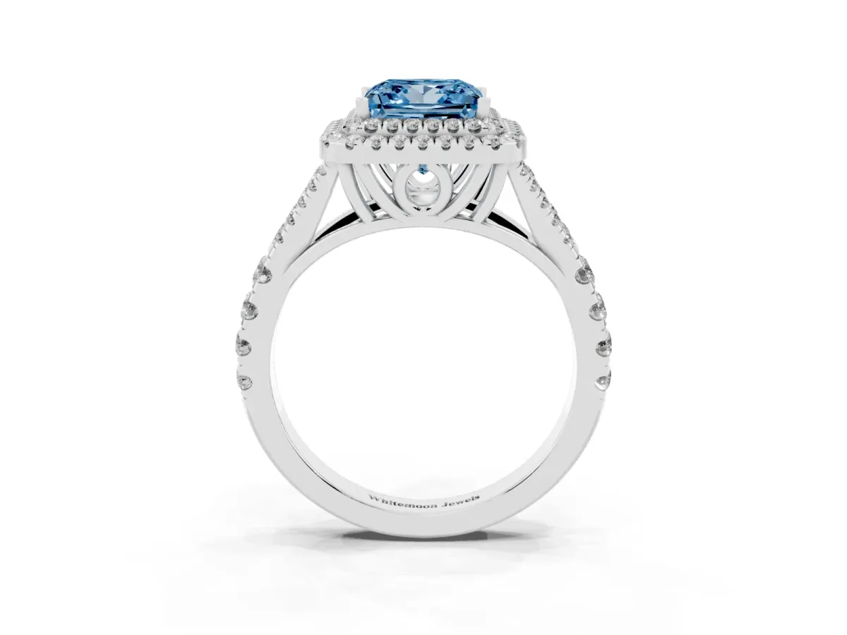 Fancy Blue Princess Cut Diamond Double Halo Ring with Split Shank and Prong Setting Platinum