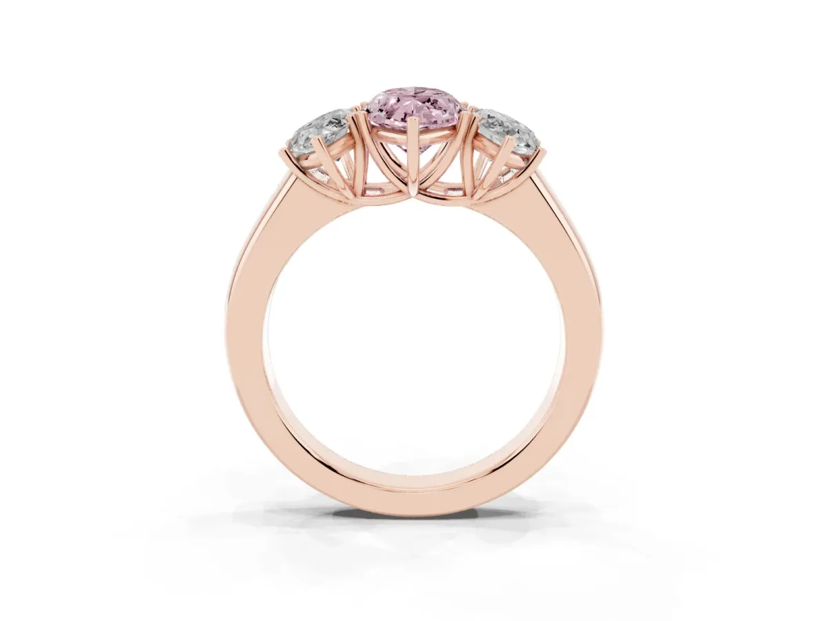 Fancy Pink Three-Stone Marquise Cut Cut Diamond Ring with Prong Setting and Classic Band Rose gold