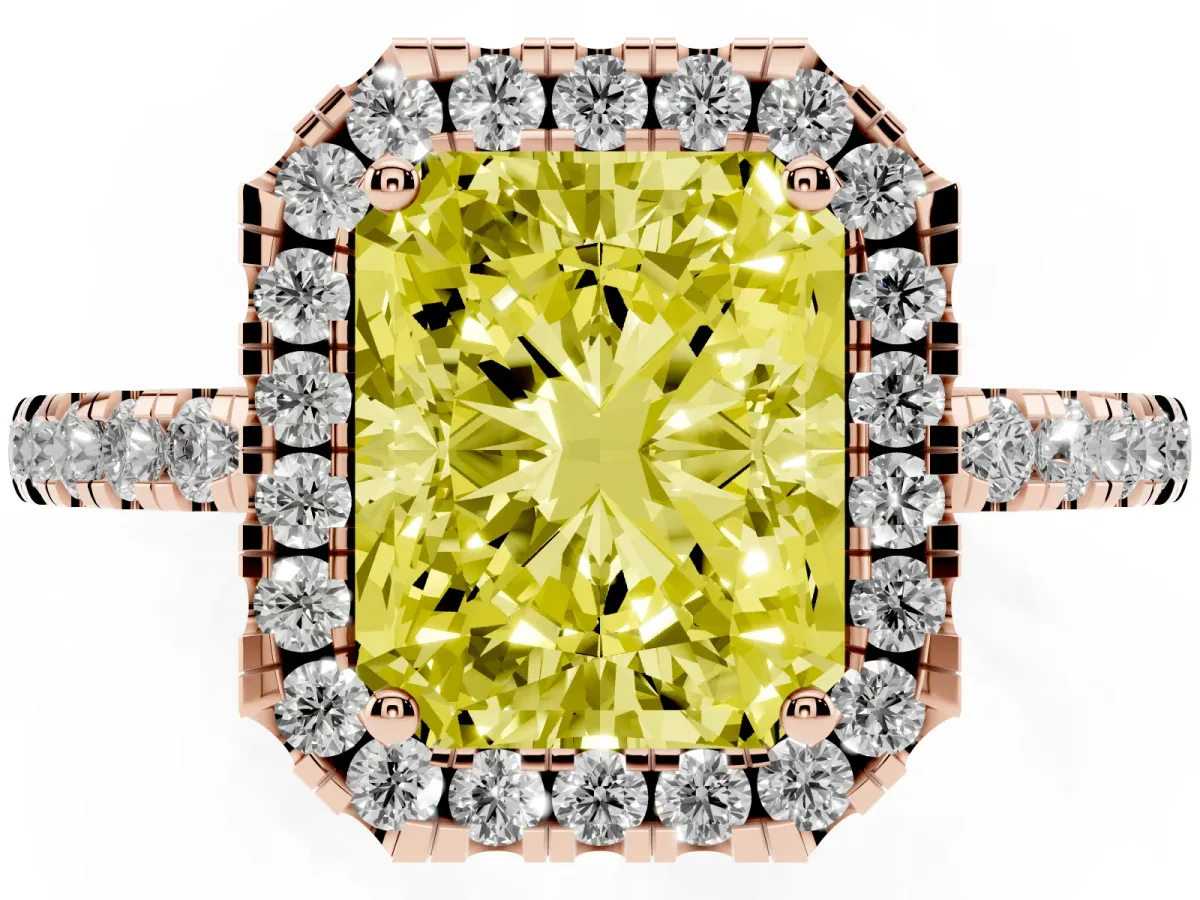 Fancy Yellow Radiant Cut Halo Diamond Engagement Ring with Pavé Band and Four-Prong Setting Rose gold