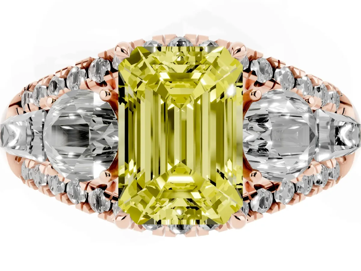 Fancy Yellow Three-Stone Emerald Cut Diamond Engagement Ring with Pave Band and Prong Setting Rose gold