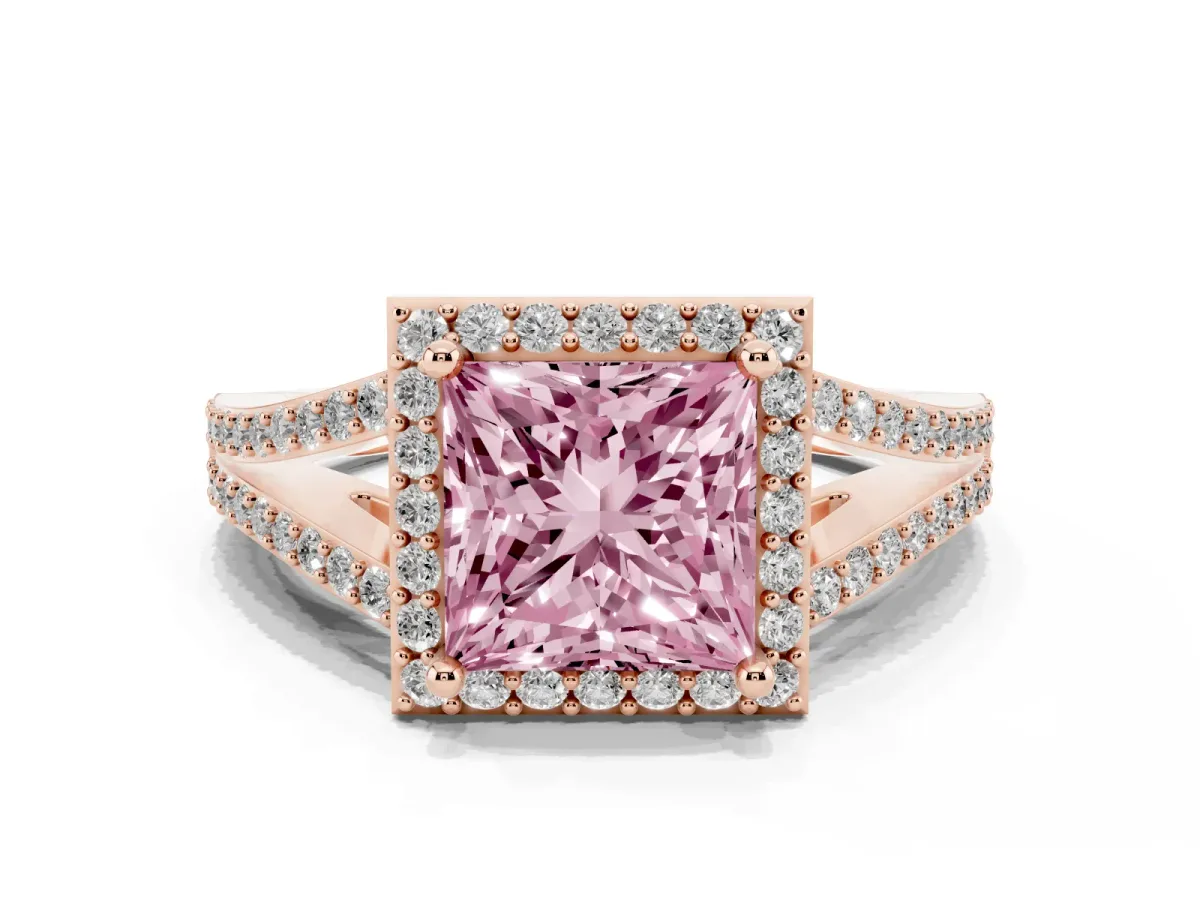 Fancy Pink Princess Cut Halo Split Shank Diamond Ring with Prong Setting Rose gold