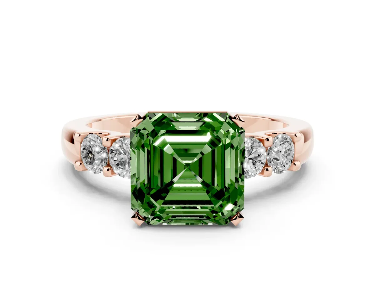 Fancy Green Asscher Cut Brilliant Cut Diamond Five-Stone Prong Set Engagement Ring with Channel Band Rose gold