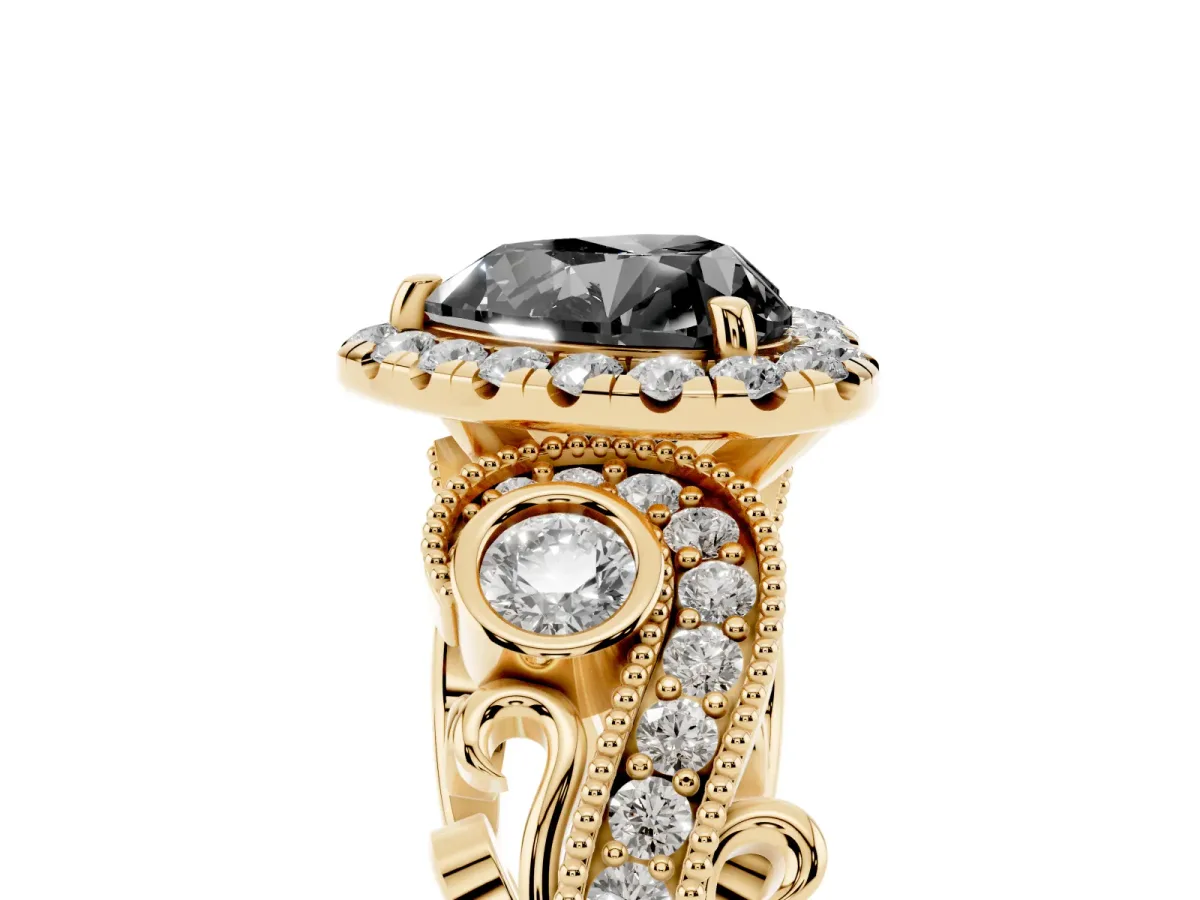 Fancy Black Heart Cut Halo Diamond Ring with Milgrain and Bezel Accents on a Split Shank Band Yellow gold