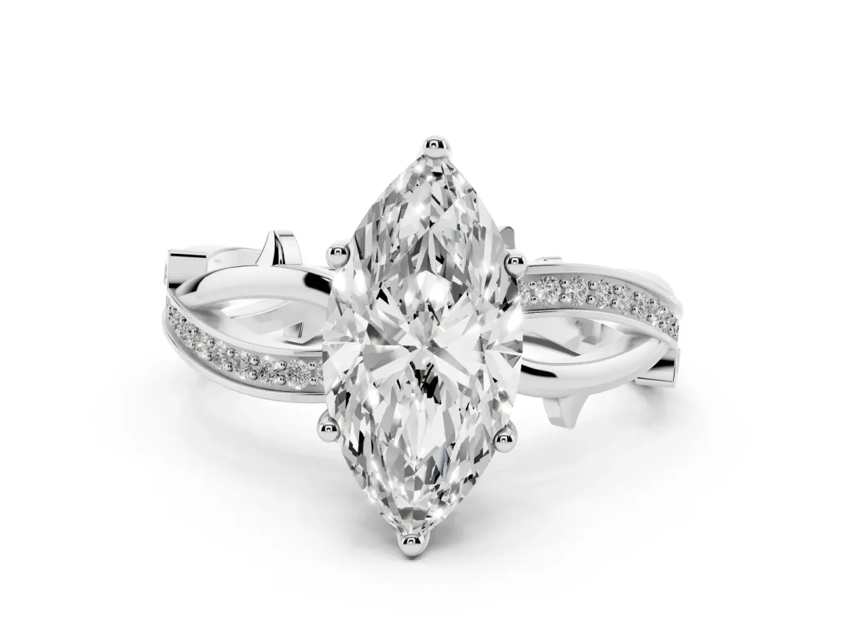 Marquise Cut Solitaire Twist Band with Pavé Accents and Four-Prong Setting Silver