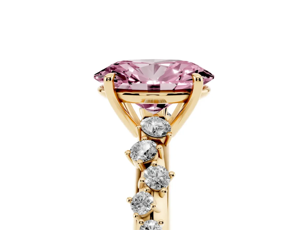 Fancy Pink Oval Cut Diamond Cluster Side Stone Solitaire Ring with Prong Setting Yellow gold