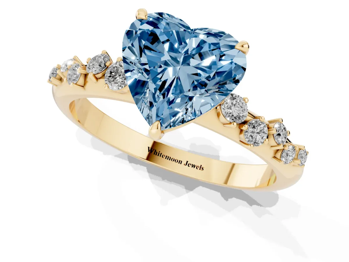 Fancy Blue Heart Cut Diamond Cluster Prong-Set Solitaire Ring Yellow gold
