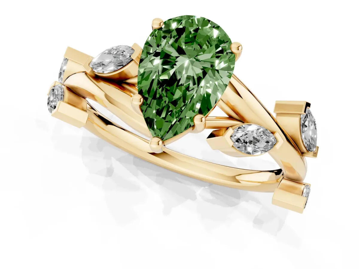 Fancy Green Pear Cut Solitaire Twisted Band Marquise Accent Prong Setting Ring Yellow gold