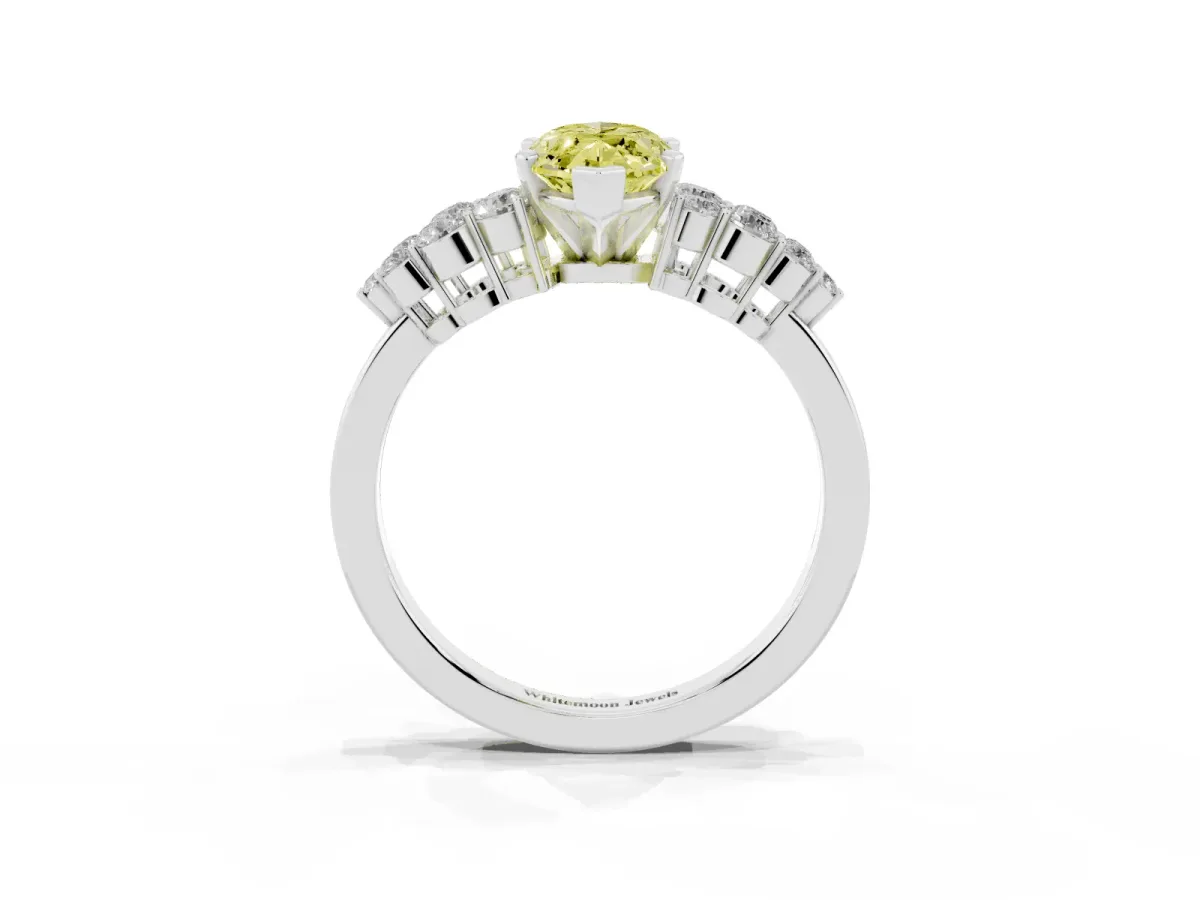 Fancy Yellow Marquise Cut Cluster Diamond Engagement Ring with Pavé Band and Four-Prong Setting Silver