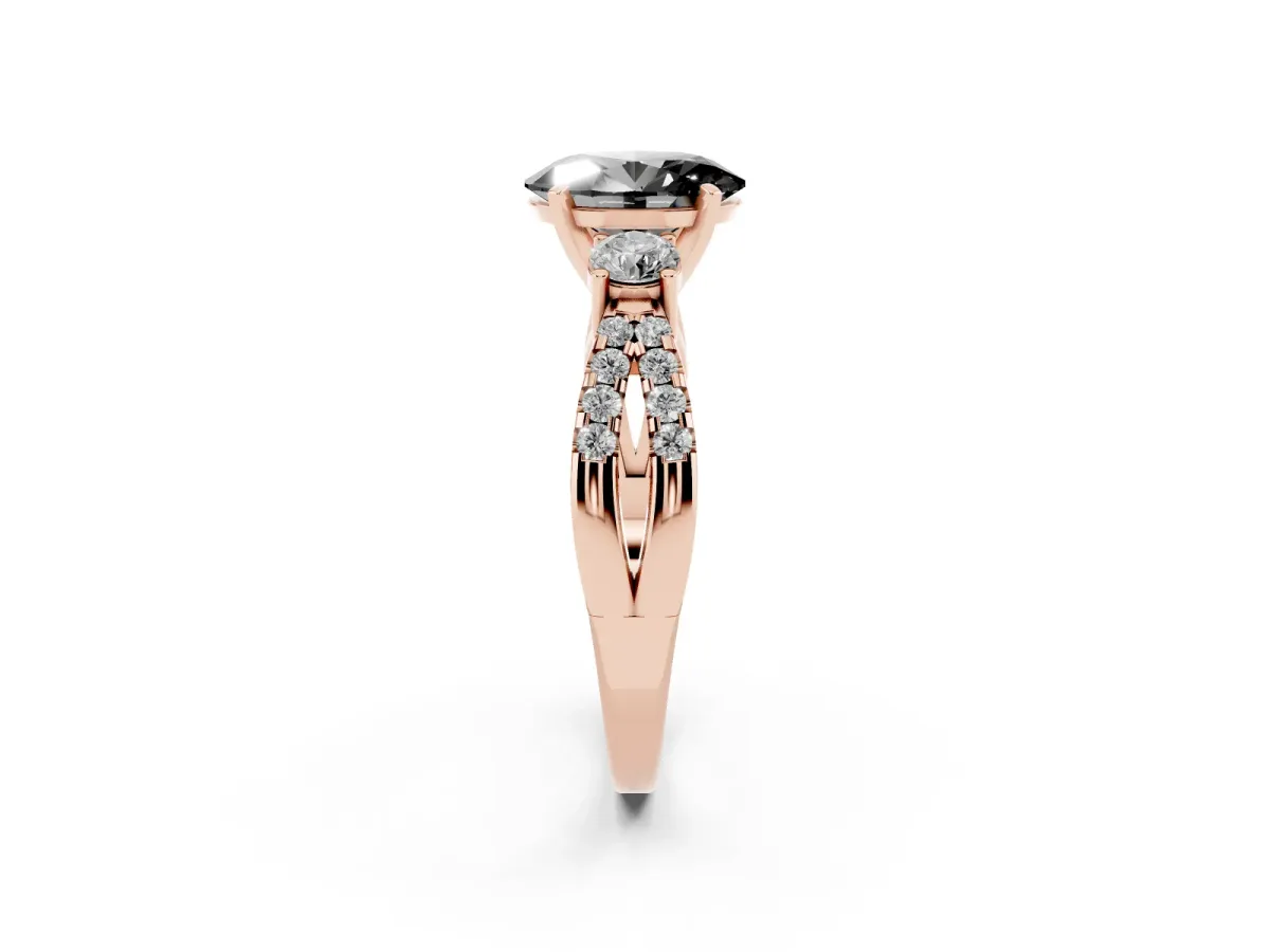 Fancy Black Oval Cut Diamond Three-Stone Ring with Pavé Split Shank and Four-Prong Setting Rose gold