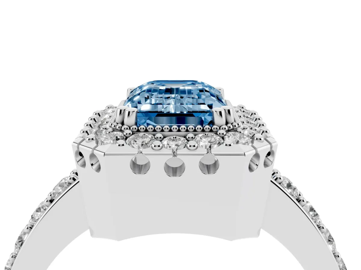 Fancy Blue Emerald Cut Diamond Halo Ring with Pavé Band and Prong Setting Silver