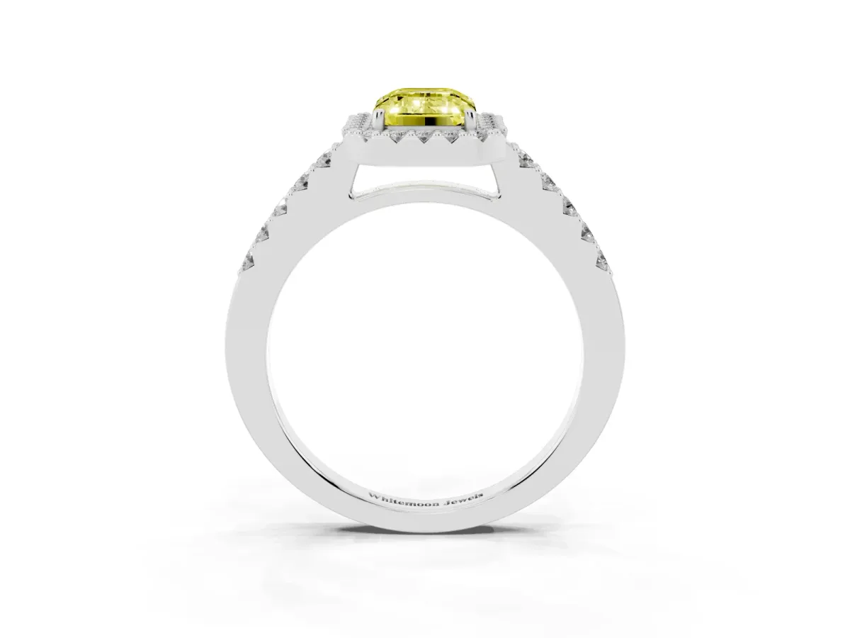 Fancy Yellow Emerald Cut Halo Diamond Pavé Solitaire Ring Silver
