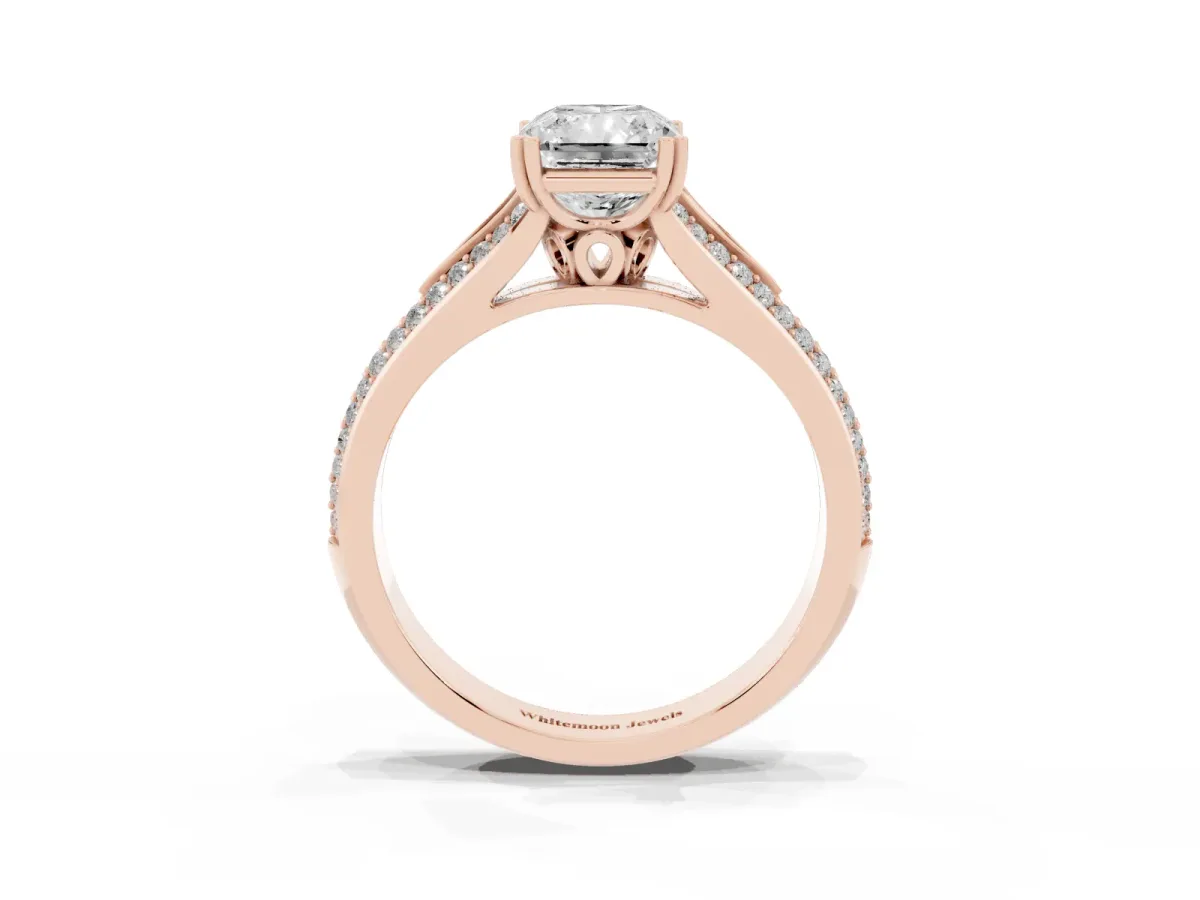 Radiant Cut Diamond Split Shank Engagement Ring with Pavé Band Rose gold