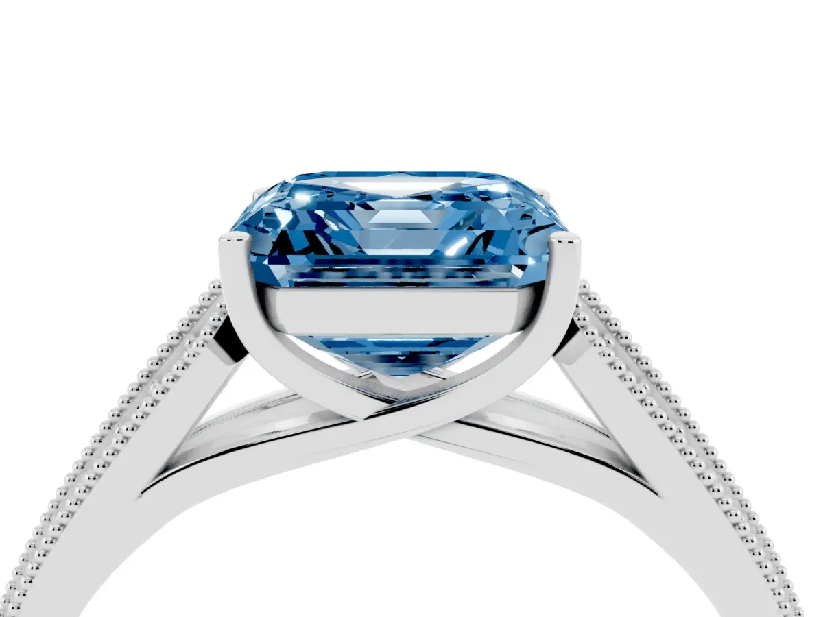 Fancy Blue Asscher Cut Cut Pave Split Shank Engagement Ring with Four-Prong Setting Platinum