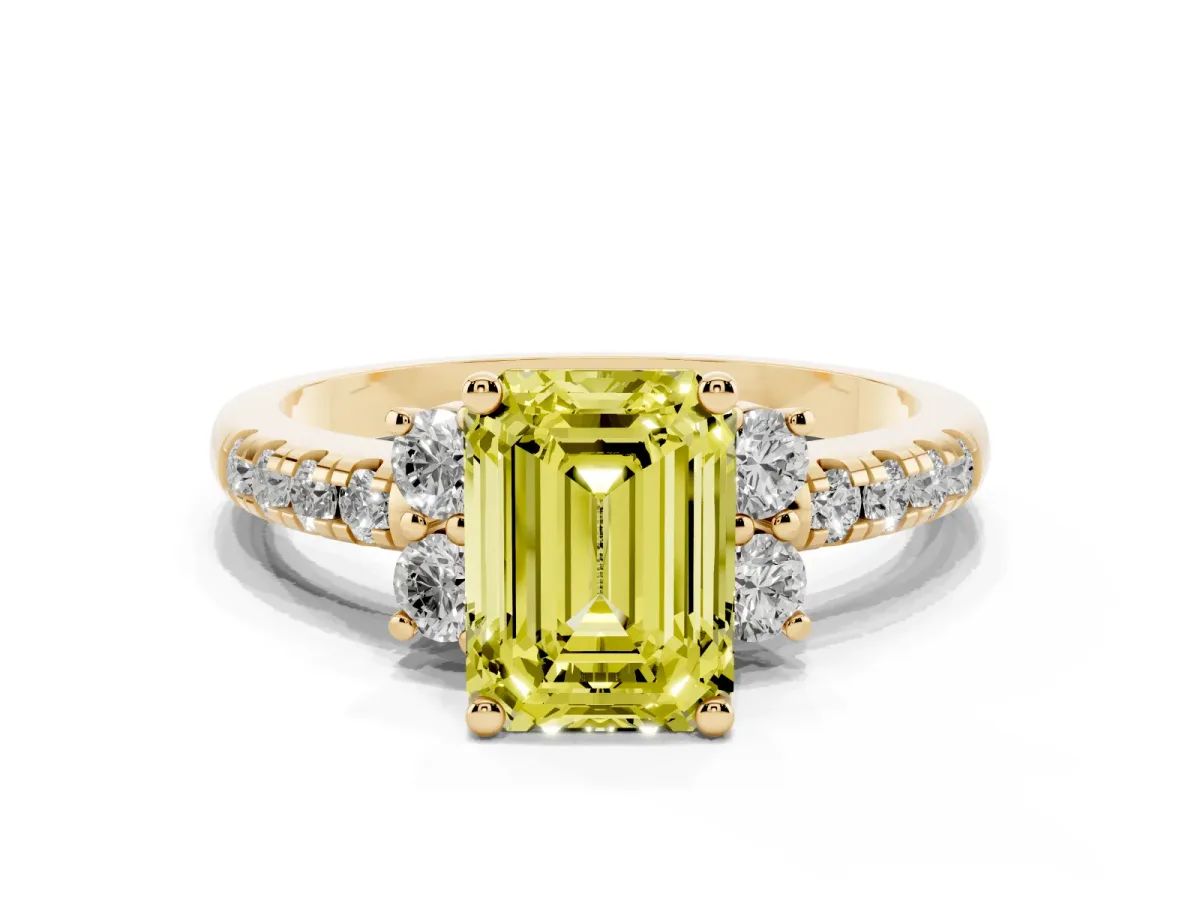 Fancy Yellow Emerald Cut Diamond Three-Stone Pave Band with Four-Prong Setting Yellow gold