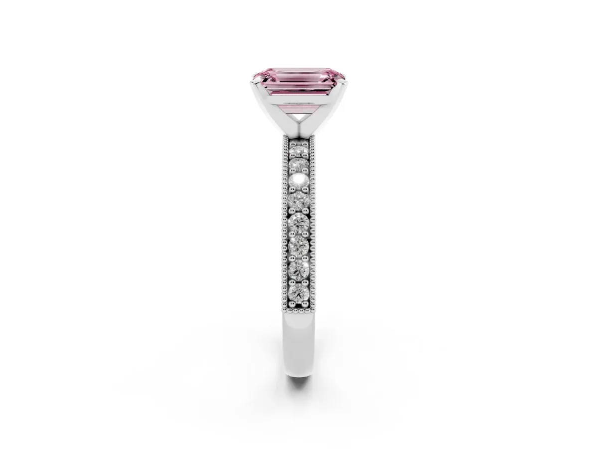 Fancy Pink Emerald Cut Diamond Milgrain Pavé Engagement Ring with Four-Prong Setting Silver
