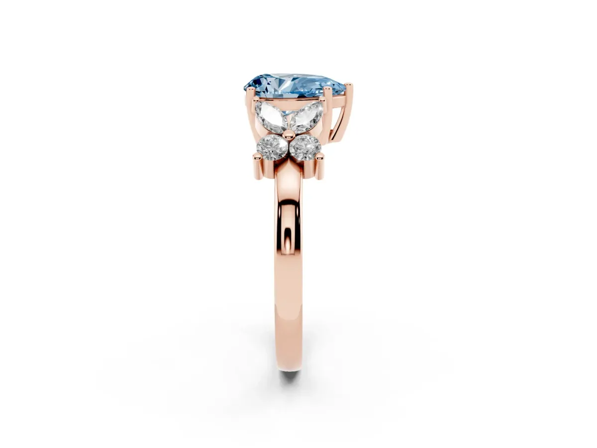Fancy Blue Pear Cut Diamond Floral Cluster Ring with Solitaire Band and Prong Setting Rose gold