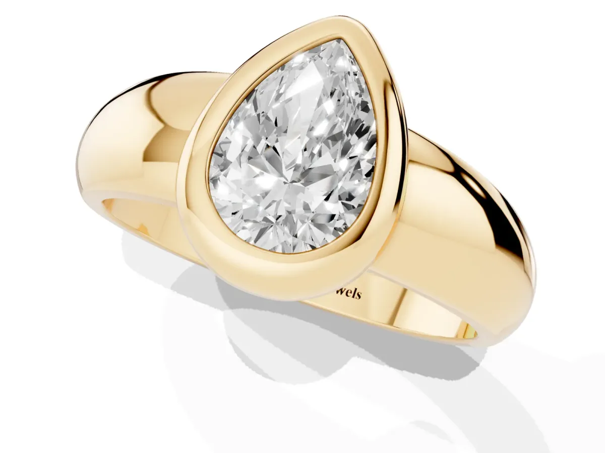 Bezel Set Pear Cut Solitaire Ring with Wide Band Yellow gold