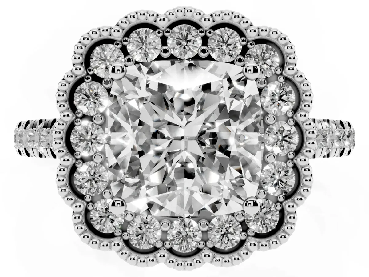 Cushion Cut Cut Diamond Milgrain Floral Halo Engagement Ring with Pavé Band White gold