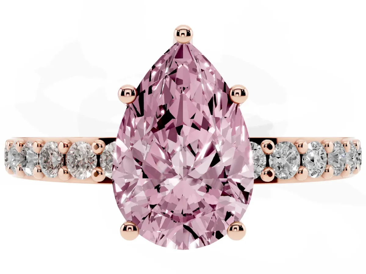 Fancy Pink Pear Cut Cut Diamond Solitaire with Pave Band and Four-Prong Setting Rose gold