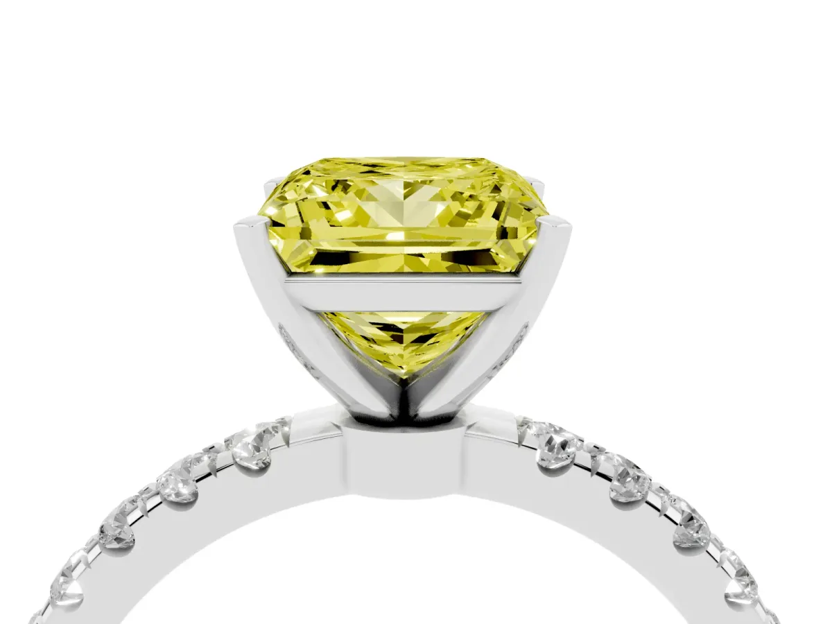 Fancy Yellow Princess Cut Diamond Solitaire Ring with Pavé Accents and Four-Prong Setting Platinum