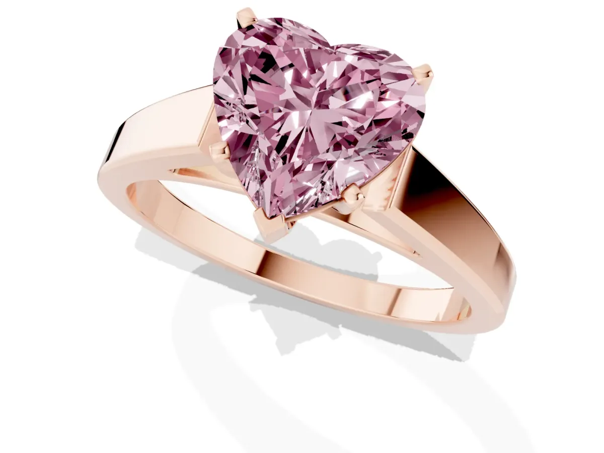 Fancy Pink Heart Cut Solitaire Engagement Ring with Four-Prong Setting and Tapered Band Rose gold