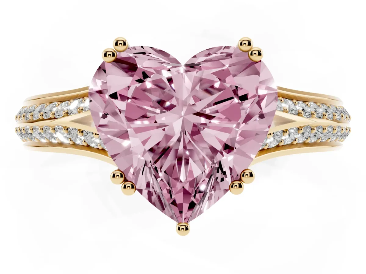 Fancy Pink Heart Cut Diamond Split Shank Engagement Ring with Pavé Band Yellow gold