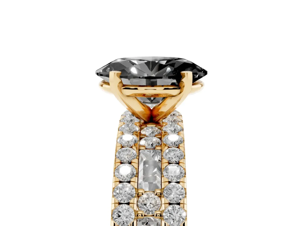 Fancy Black Oval Cut Diamond Solitaire Ring with Pavé and Channel Set Band Yellow gold