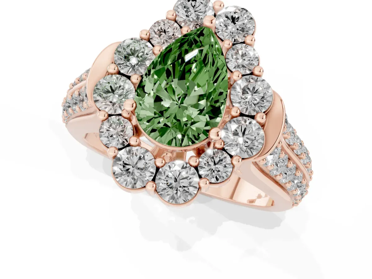 Fancy Green Pear Cut Halo Diamond Engagement Ring with Split Shank and Prong Setting Rose gold