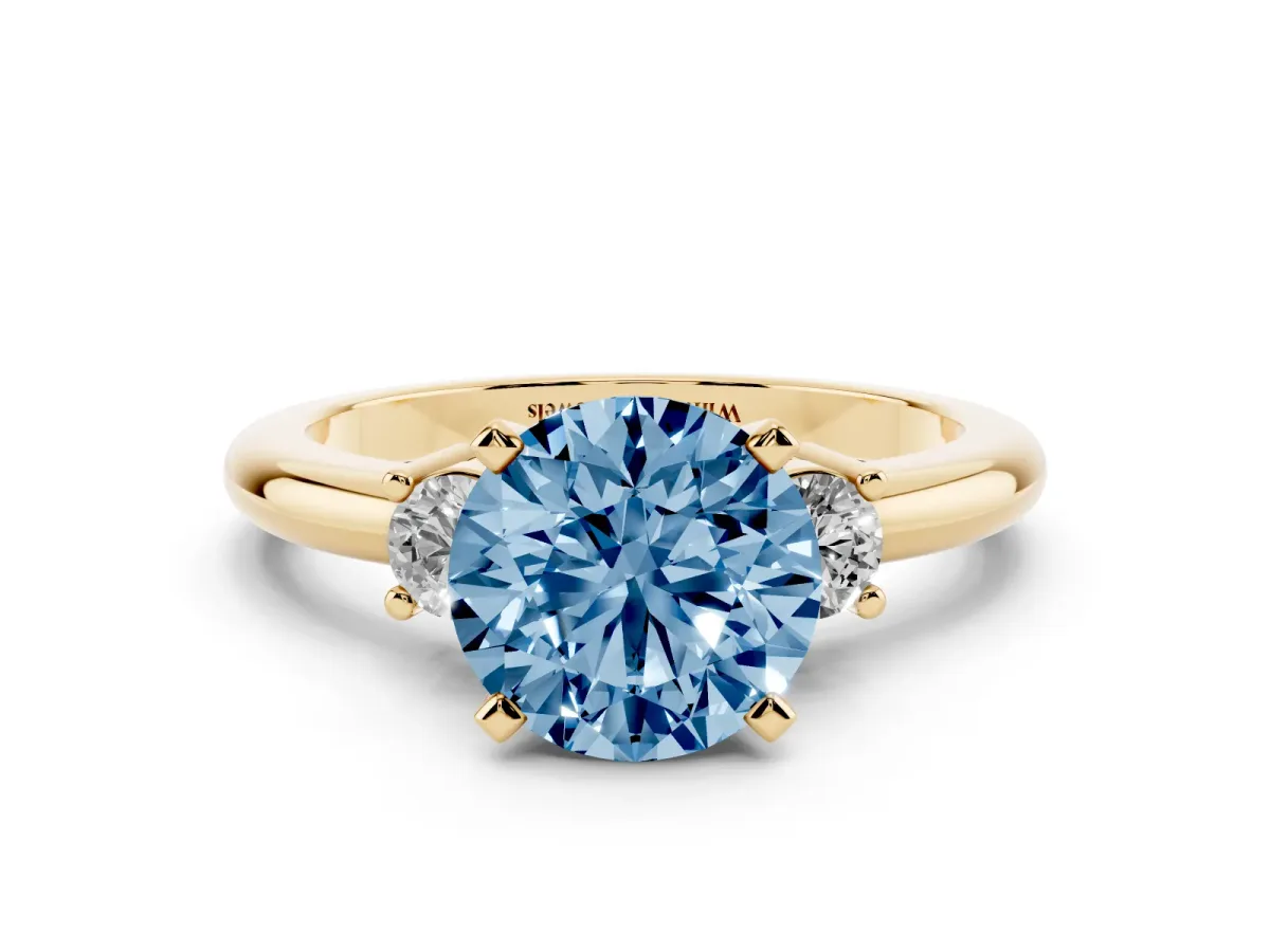Fancy Blue Three-Stone Round Cut Cut Diamond Solitaire with Prong Setting and Classic Band Yellow gold