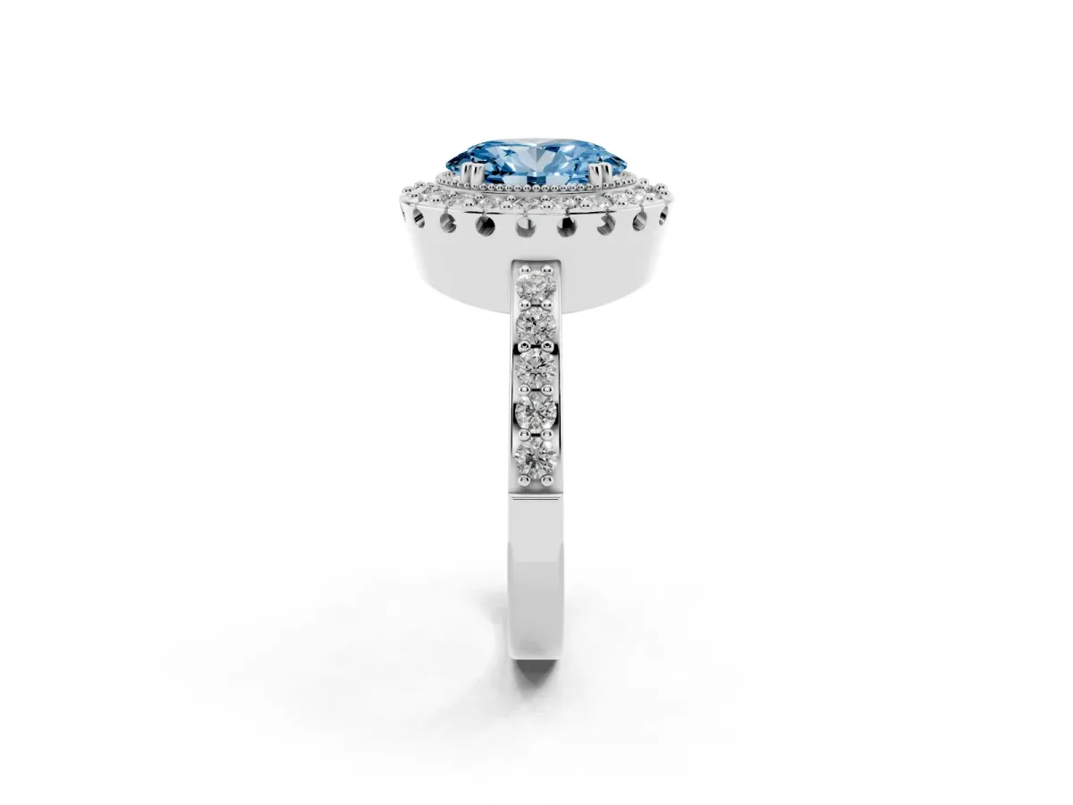 Fancy Blue Oval Cut Diamond Halo Ring with Pavé Band and Prong Setting Silver